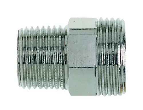 Messinggewindeanschluss von IMI Hydronic Engineering, mit einer zentralen achteckigen Form und gerillten Gewinden zur Verbindung von Rohrleitungen.